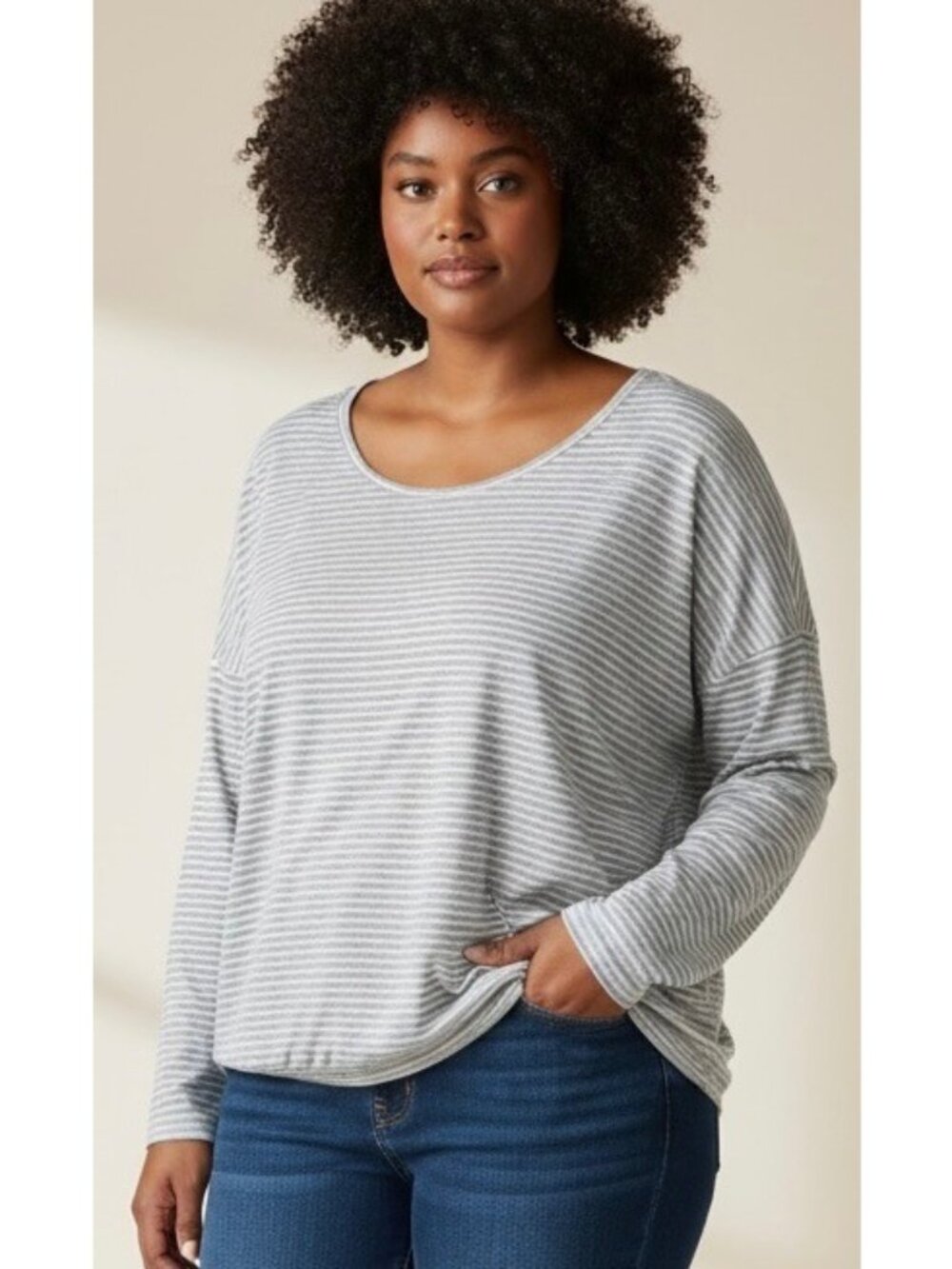 GRACE + KARMA Gray/White Striped Scoop Neck Long Sleeve Bubble Hem Top NWT 2X